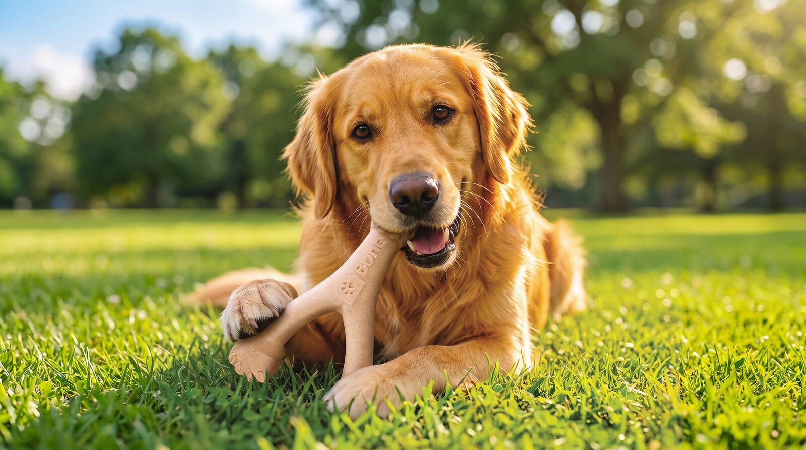 A golden retriever lying in sunlit grass, chewing a D-Bone Wishbone plant-based dog chew held between its front paws.